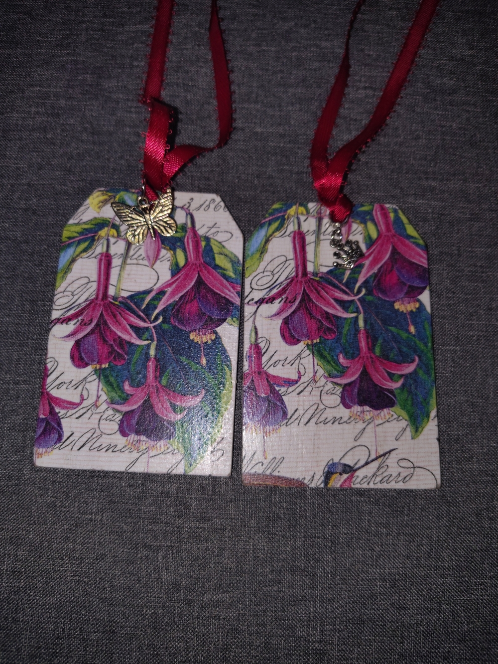 2 Floral Fuchsia Gift Tags with Burgundy Ribbon - Handmade Gift Wrap Accent